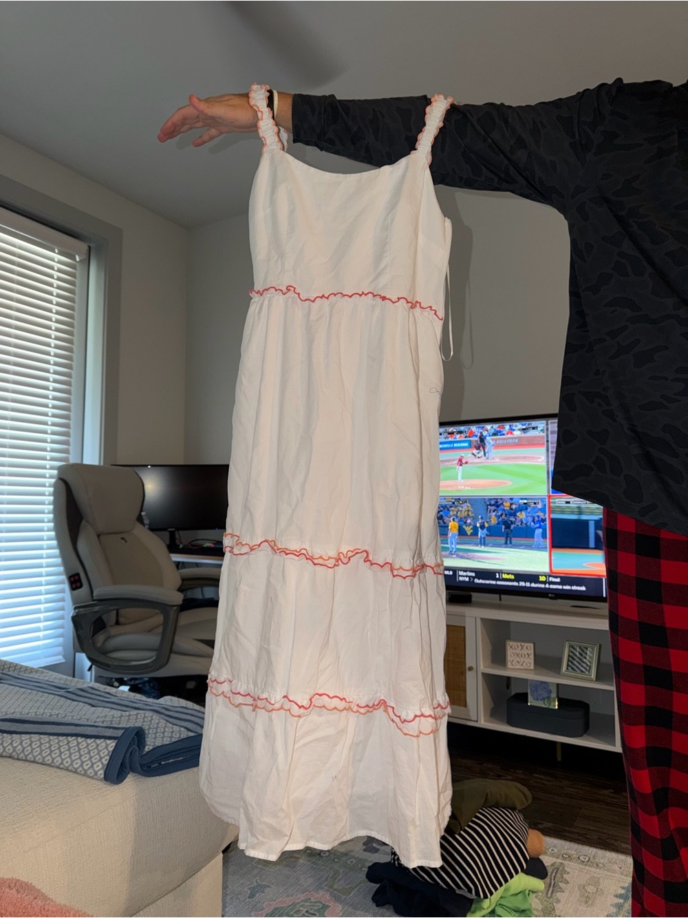 J. Crew White Maxi Dress with Red Scallop Trim - Picture 2 of 4